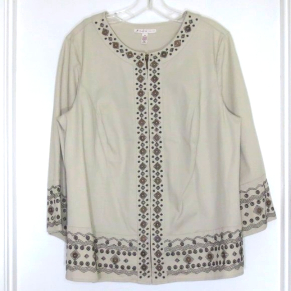 JM Collection Jacket Lite Tan Boho Embroidered Beaded Cotton Zip Up Plus Size 14
